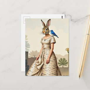 Cartão Postal Mulher coelho em colagem de moda de vestido de cas