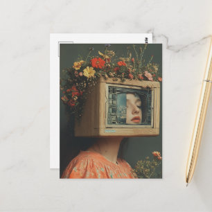 Cartão Postal Mulher com cabeça de TV e flores surrealista