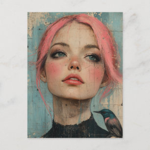 Cartão Postal Mulher com cabelo rosa e um pássaro no ombro