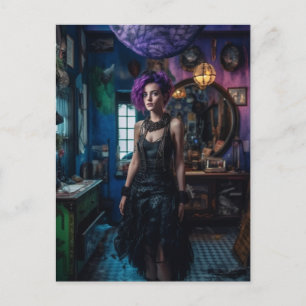 Cartão Postal Mulher com cabelo roxo no Compro de fantasia