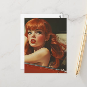 Cartão Postal Mulher com Cabelo Vermelho em carro vermelho