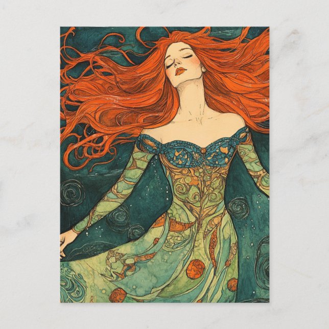 Cartão Postal Mulher com Cabelo Vermelho Fluindo (Frente)