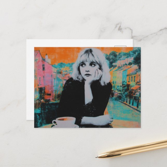 Cartão Postal Mulher Com Café Colorido (Frente/Verso In Situ)
