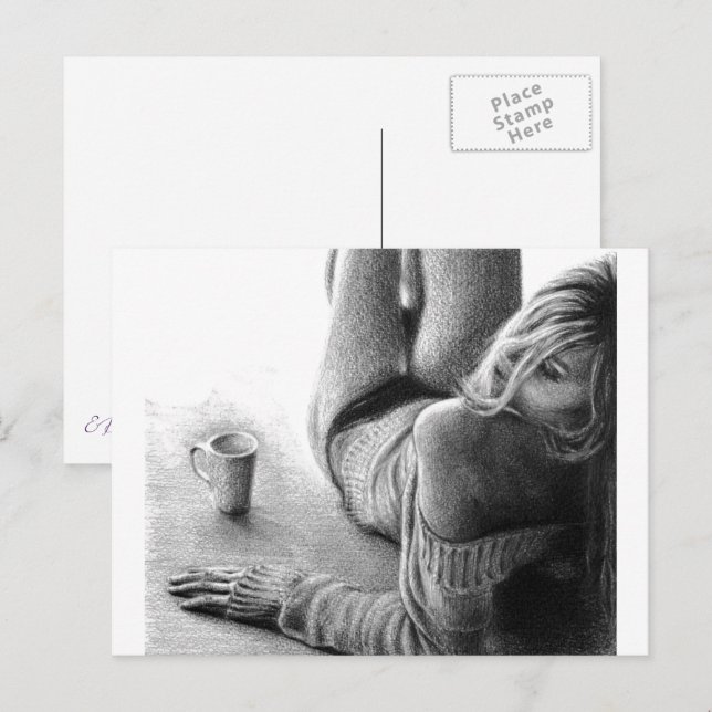 Cartão Postal Mulher com café da manhã Lápis desenhando arte (Frente/Verso)