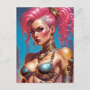 Cartão Postal Mulher com Cartão-postal de cabelo rosa bonito