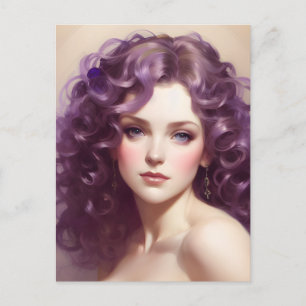 Cartão Postal Mulher com Cartão-postal de cabelo roxo encaracola