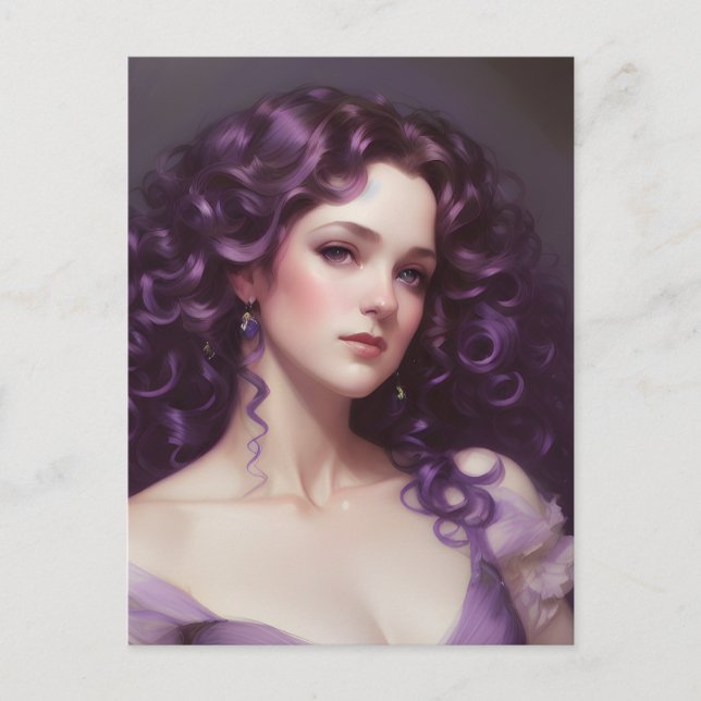 Cartão Postal Mulher com Cartão-postal de cabelo roxo encaracola (Frente)