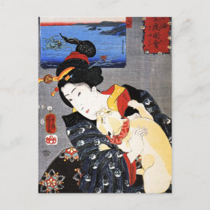 Cartão Postal Mulher com Cat por Utagawa Kuniyoshi 歌 川 国 芳