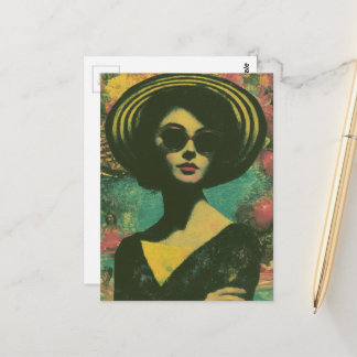 Cartão Postal Mulher com chapéu de sol listrado Moda e diversão 