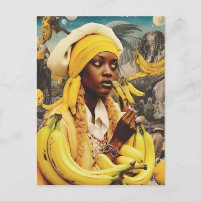Cartão Postal Mulher com Colagem de Frutas de Banana (Frente)