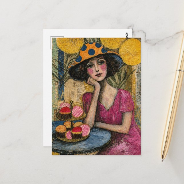 Cartão Postal Mulher com Colagem de Sobremesa (Frente/Verso In Situ)
