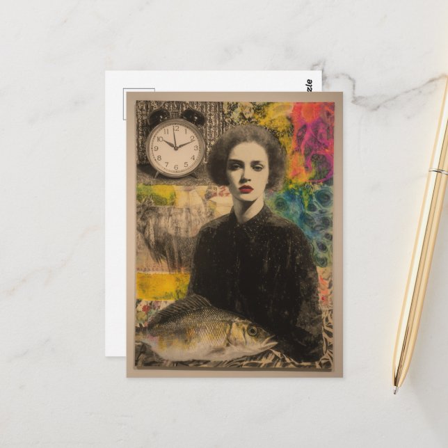 Cartão Postal Mulher Com Colagem Mídia Mistura De Peixes (Frente/Verso In Situ)