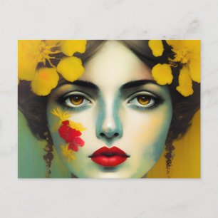 Cartão Postal Mulher Com Flores Amarelas