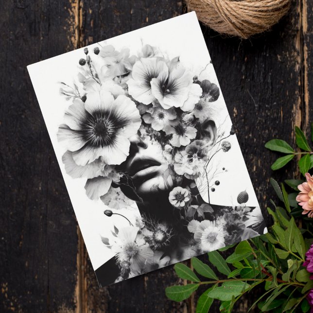 Cartão Postal Mulher com flores na mente dela, ai trabalho de ar (Share mystery and beauty with this surreal floral-adorned woman's portrait postcard.)