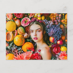 Cartão Postal Mulher com frutas cítricas e grinalda de flores