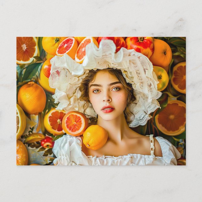Cartão Postal Mulher com frutas cítricas e grinalda de flores (Frente)
