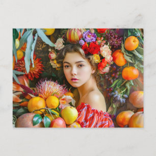 Cartão Postal Mulher com frutas mistas e decoração floral