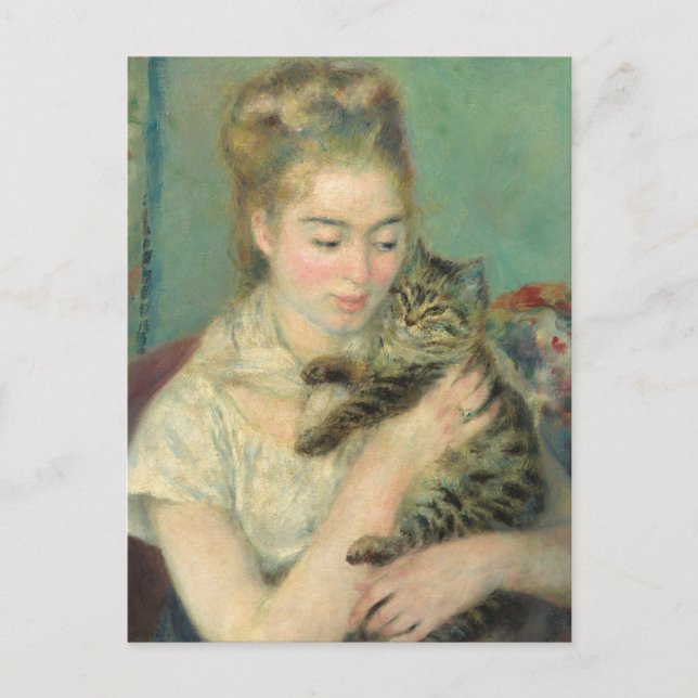 Cartão Postal Mulher com gato por arte impressionista renoir (Frente)
