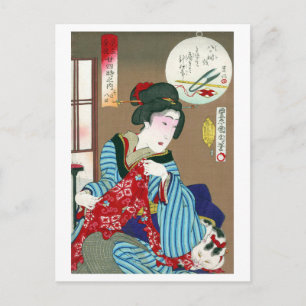 Cartão Postal Mulher com gato, Toyohara Kunichika, Ukiyo-e