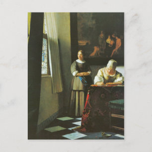 Cartão Postal Mulher com mensageiro por Johannes Vermeer
