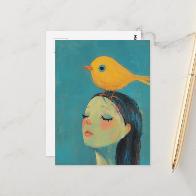 Cartão Postal Mulher com pássaro amarelo na cabeça (Frente/Verso In Situ)
