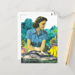 Cartão Postal Mulher com peixe e bananas