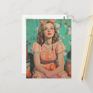 Cartão Postal Mulher Com Pêssegos Fantasia Retro