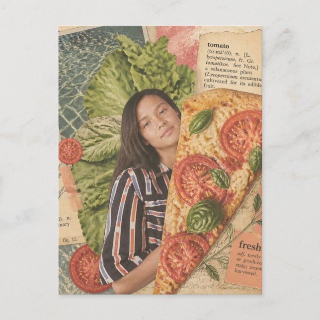Cartão Postal Mulher com Pizza um Colagem de Comida (Frente)