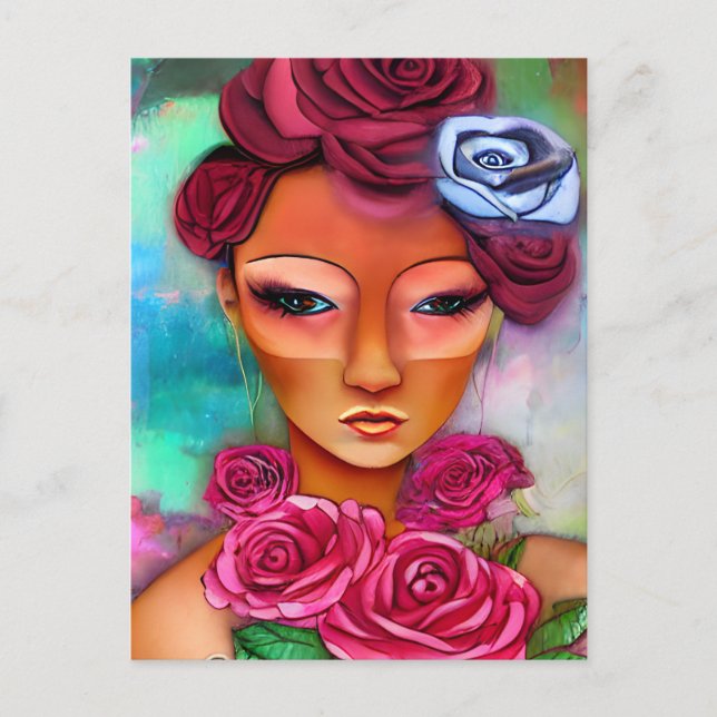 Cartão Postal Mulher com Rosas de Colagem Mídia Mista (Frente)