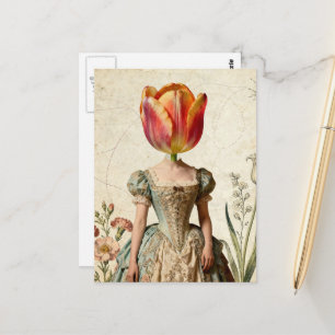 Cartão Postal Mulher Com Tulipa para uma Cabeça