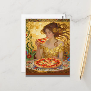 Cartão Postal Mulher Comendo Pizza Arte Faux Klimt