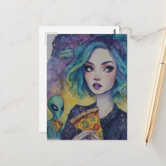 Cartão Postal Mulher Comendo Pizza Com Alienígena (Frente/Verso In Situ)