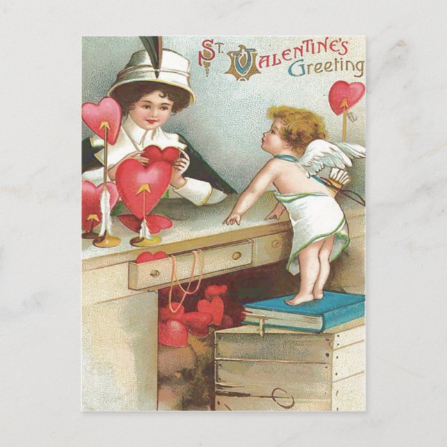 Cartão Postal Mulher Coração de Cupido Compras Seta (Frente)