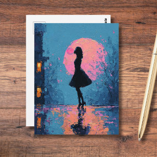 Cartão Postal Mulher da Lua Rosa Impressionista Bolha de Chiclet