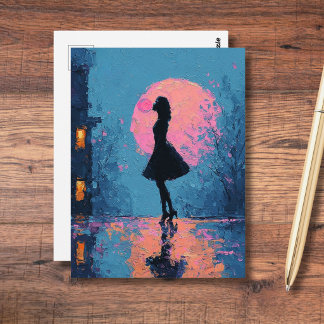 Cartão Postal Mulher da Lua Rosa Impressionista Bolha de Chiclet