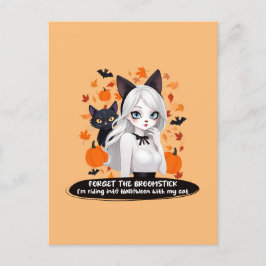Cartão Postal Mulher de anime com gato preto.