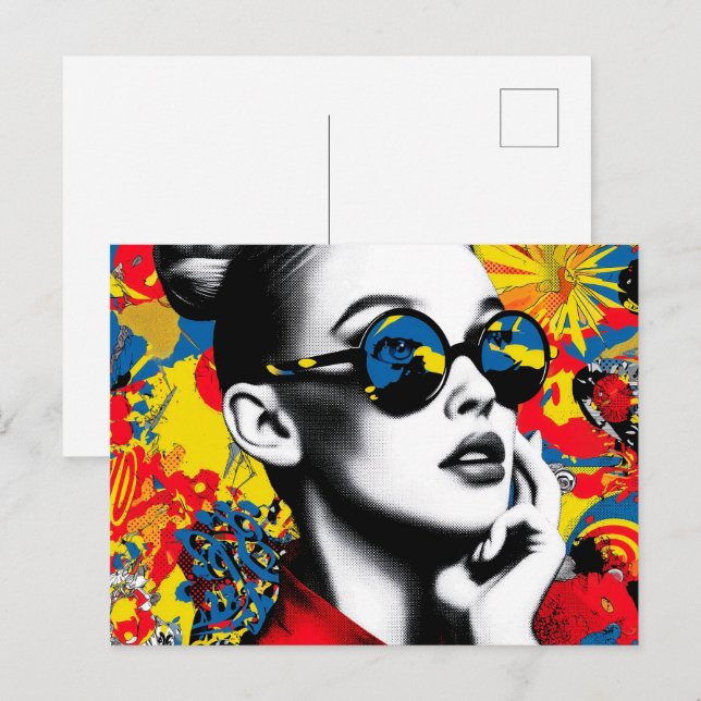 Cartão Postal Mulher de arte pop com óculos de sol (Frente/Verso)