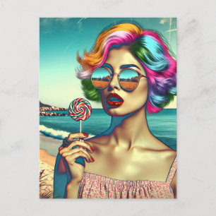 Cartão Postal Mulher de Arte Pop Retro com Pirulito