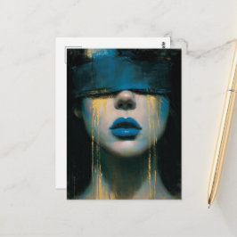 Cartão Postal Mulher de Azul com Lágrimas Douradas e Venda