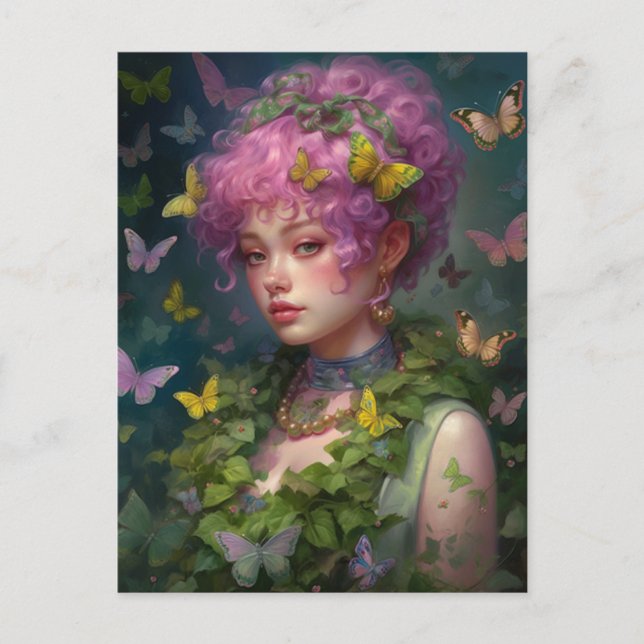 Cartão Postal Mulher de Cabelo Roxo com Hera e Borboletas (Frente)