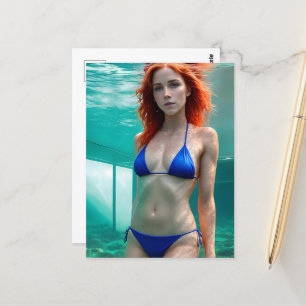 Cartão Postal Mulher de Cabelo Vermelho em um Bikini Azul