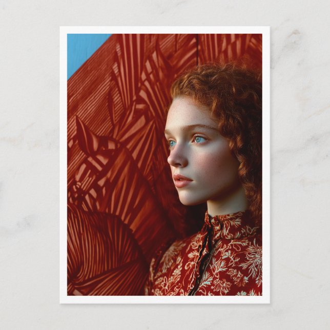 Cartão Postal Mulher de cabelo vermelho por pintura de cavalos v (Frente)