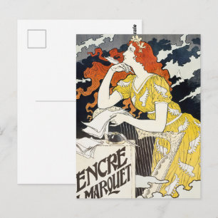 Cartão Postal Mulher de Cabelo Vermelho Vestido Amarelo Arte Nov