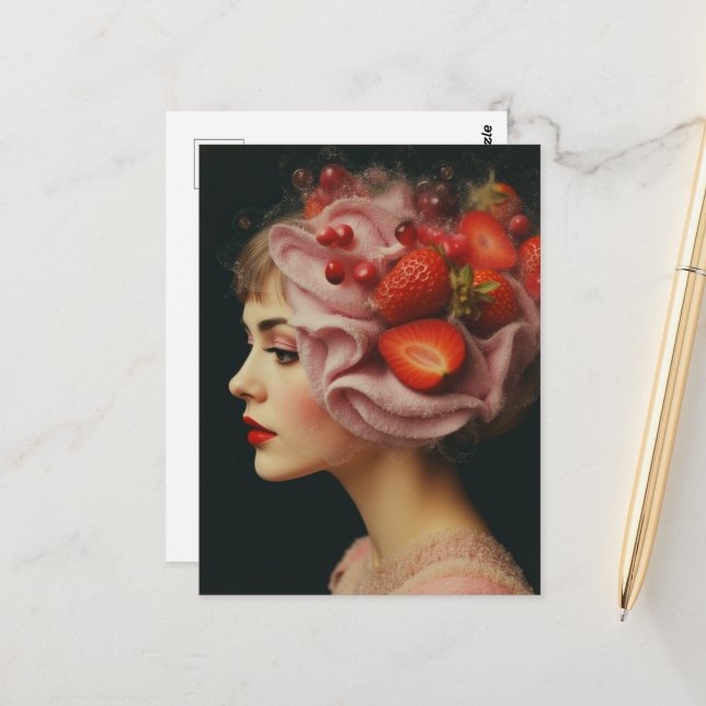 Cartão Postal Mulher de Colagem de Sobremesa de Morango (Frente/Verso In Situ)