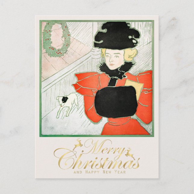 Cartão Postal Mulher de Compras de Natal Antigas na Vitrine (Frente)
