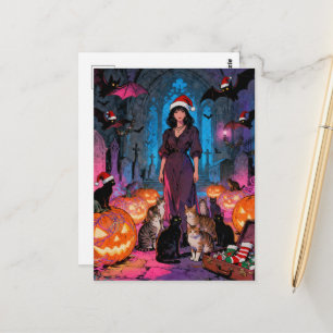 Cartão Postal Mulher de Natal e Halloween Morcegos Gatos