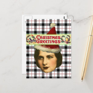 Cartão Postal Mulher de Natal Vintage com Chapéu de Papai Noel