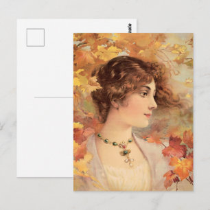 Cartão Postal Mulher de Outono Art Nouveau Impressão Folhagem Do