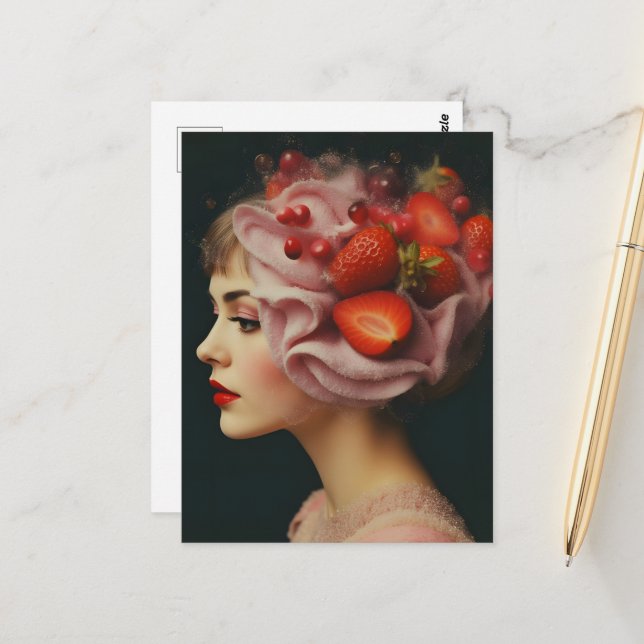 Cartão Postal Mulher de Sobremesa de Morango (Frente/Verso In Situ)