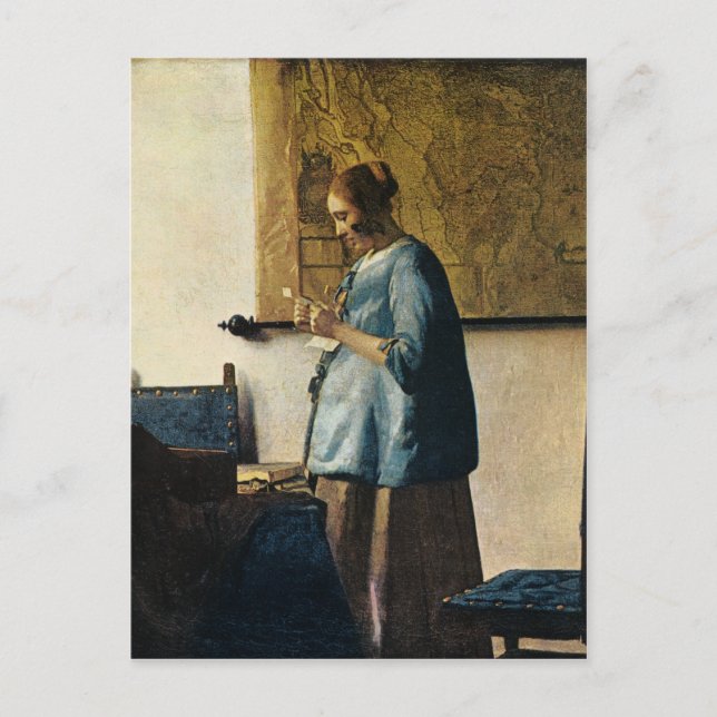 Cartão Postal Mulher de Vermeer a azul lendo uma letra ca.1665 (Frente)